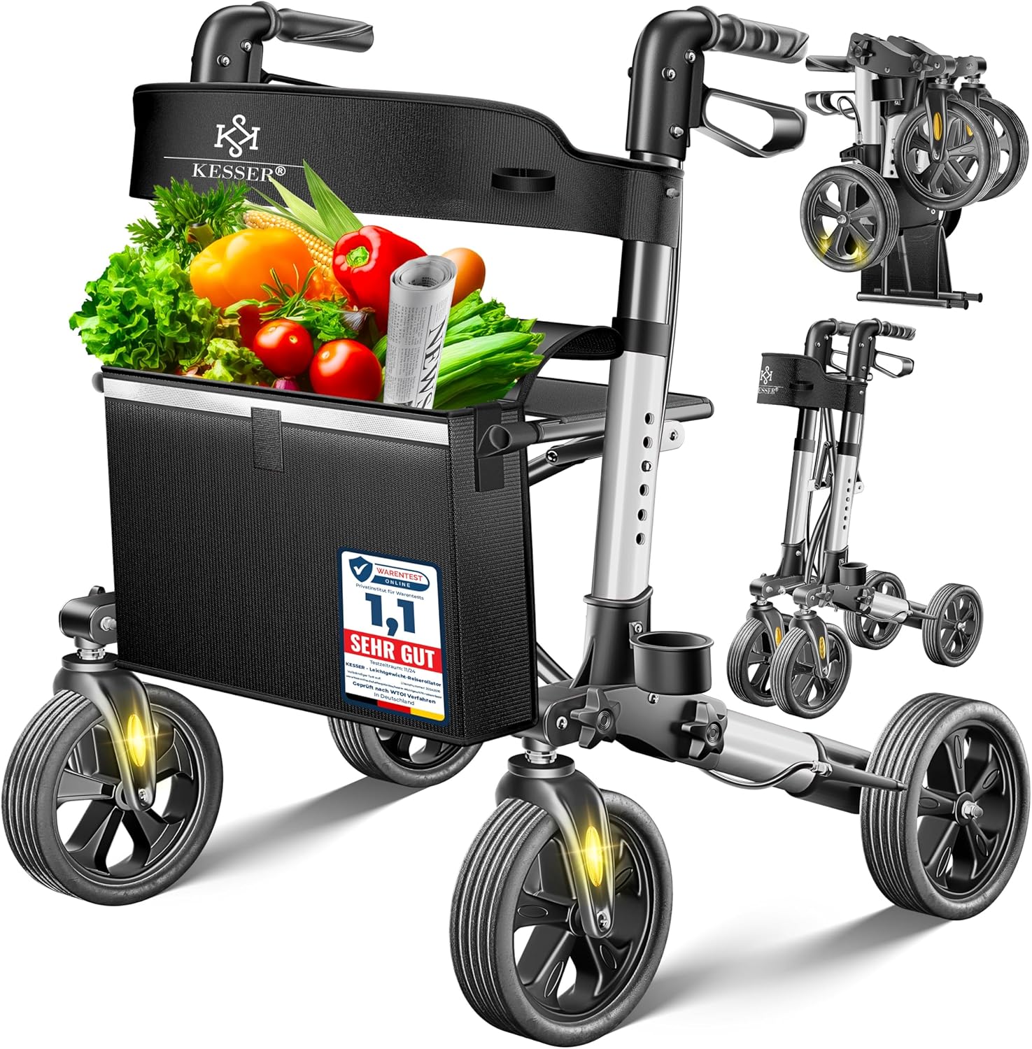 KESSER Lightweight Foldable Rollator with Seat, Handle, Bag, Slim for Seniors Home, Foldable, Height Adjustable, Reflectors, All Terrain Tires, Indoor & Outdoor, Walking Aid, Walking Aid, Black