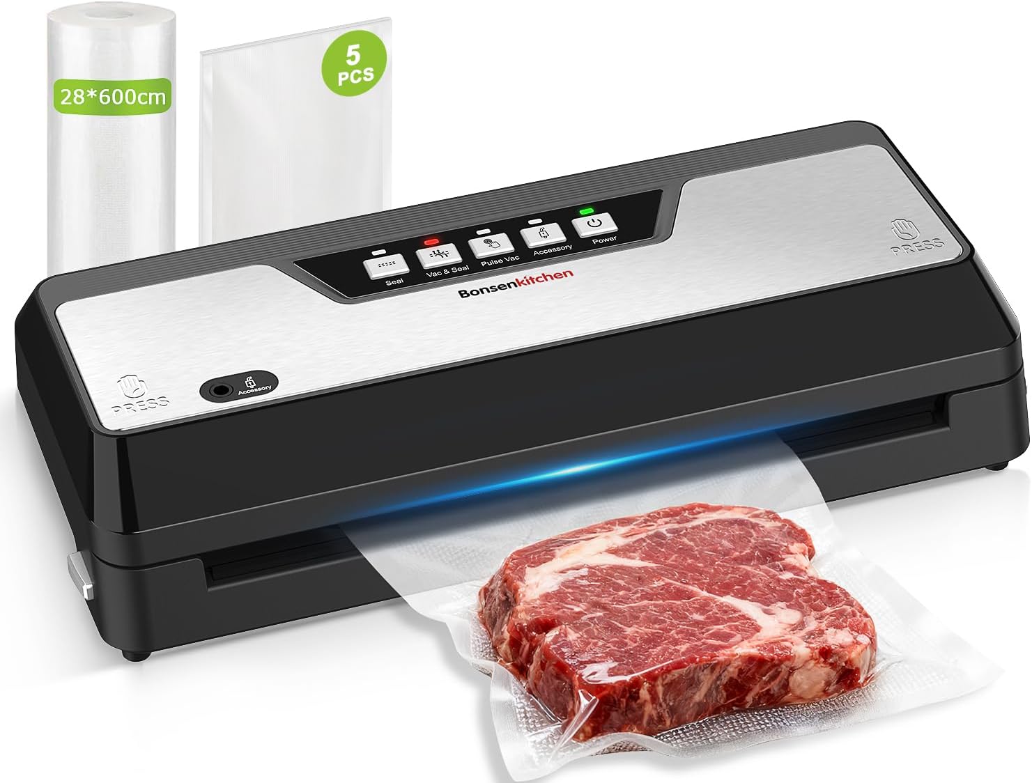 Bonsenkitchen Food Vacuum Sealer with Cutter Storage, Compact for Sous Vide and Meal Prep, Multiple Modes, Includes 1 Roll and 5 Bags, Black