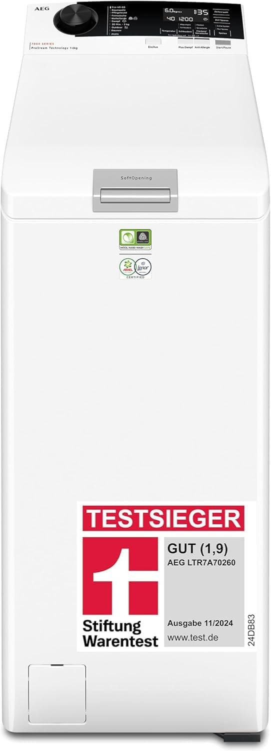 AEG Washing Machine Top Loader, 40 cm, Test Winner Stiftung Warentest, 6 kg, Series 7000 ProSteam Program - Less Ironing & More Freshness, Automatic Volume, Inverter Motor, 1200 rpm, LTR7A70260