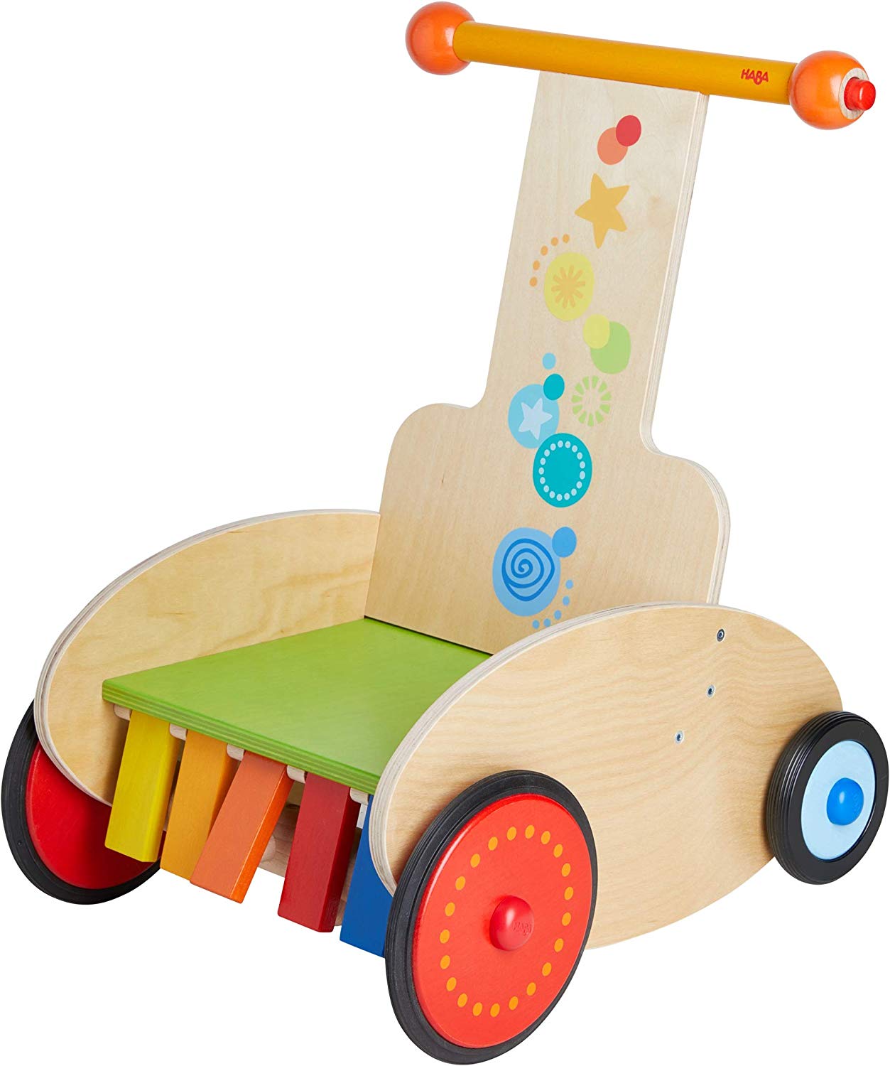 HABA 304793 Walker with Adjustable Brake for Safe Learning to Walk Including Transport Seat, Squeak and Rattling Effect, Baby Toy from 10 Months