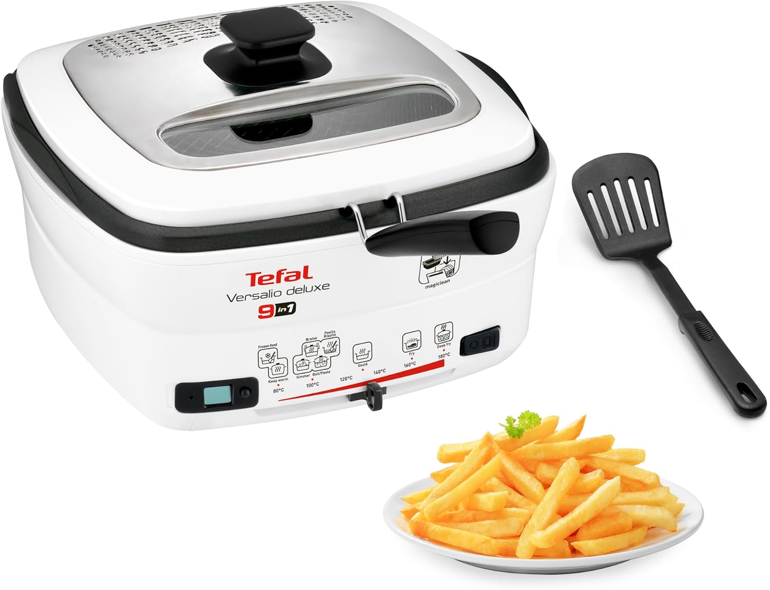 Tefal Versalio Deluxe FR4950 Multi-Function Fryer 9-in-1 Capacity 1.3 kg Includes Spatula, Roasting, Frying, Simming, Adjustable Temperature, Timer, White