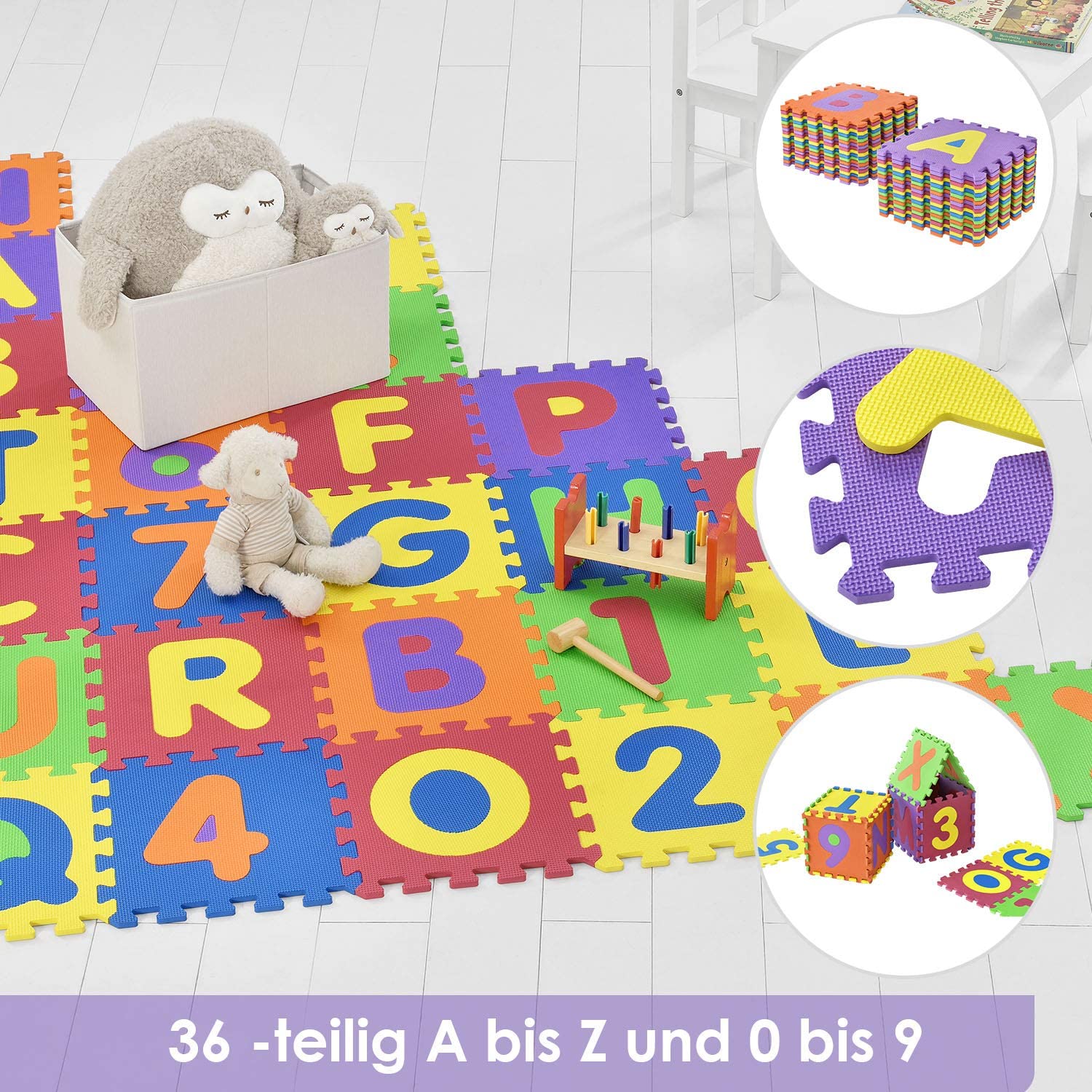 Juskys Childrens Puzzle Mat With Letters A-Z & Numbers 0-9, 3 Designs, Non