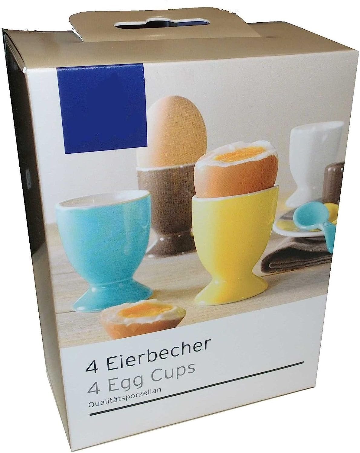 Tchibo 4 EGG Cups Porcelain Turquoise, Yellow, Taupe, White