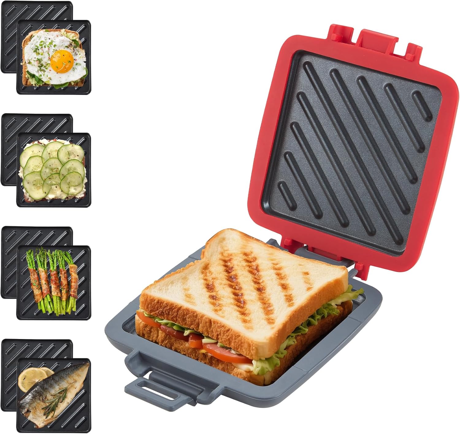 Sandwich Maker, Sandwich Toaster for Microwave, Non-Stick Sandwich Toaster, Panini Sandwich Plates, Wireless, Red