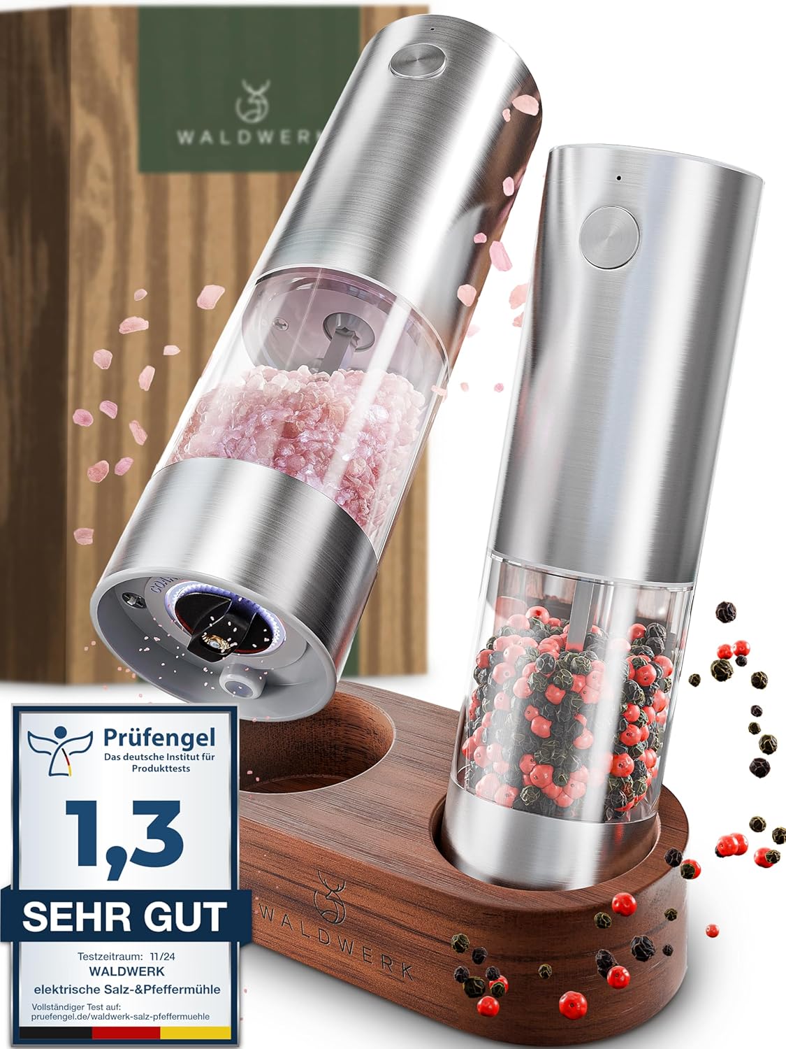 WALDWERK Electric Salt and Pepper Mill (300 mAh Battery) - Elegant Acacia Holder - Electric Mill for Salt and Pepper