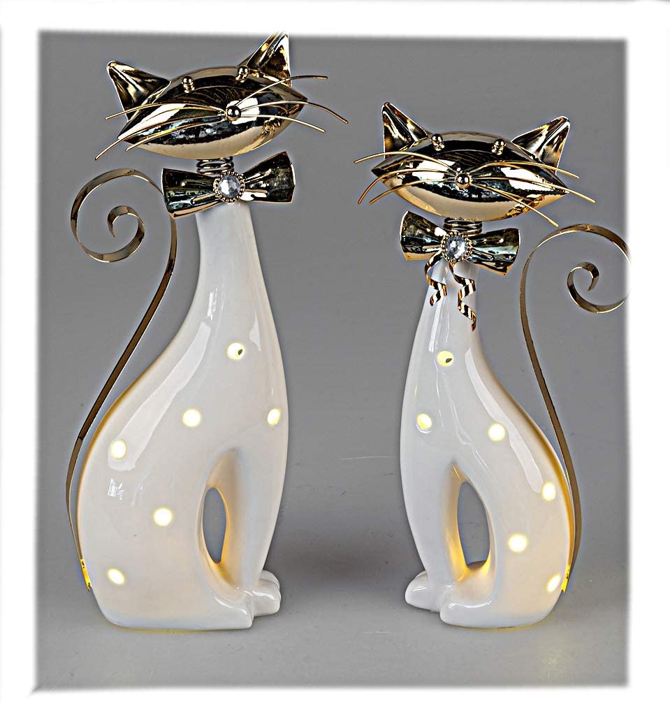 Formano Dekorative 1 Stück Stehende Katze 27 Cm Weiss- Gold Mit Led