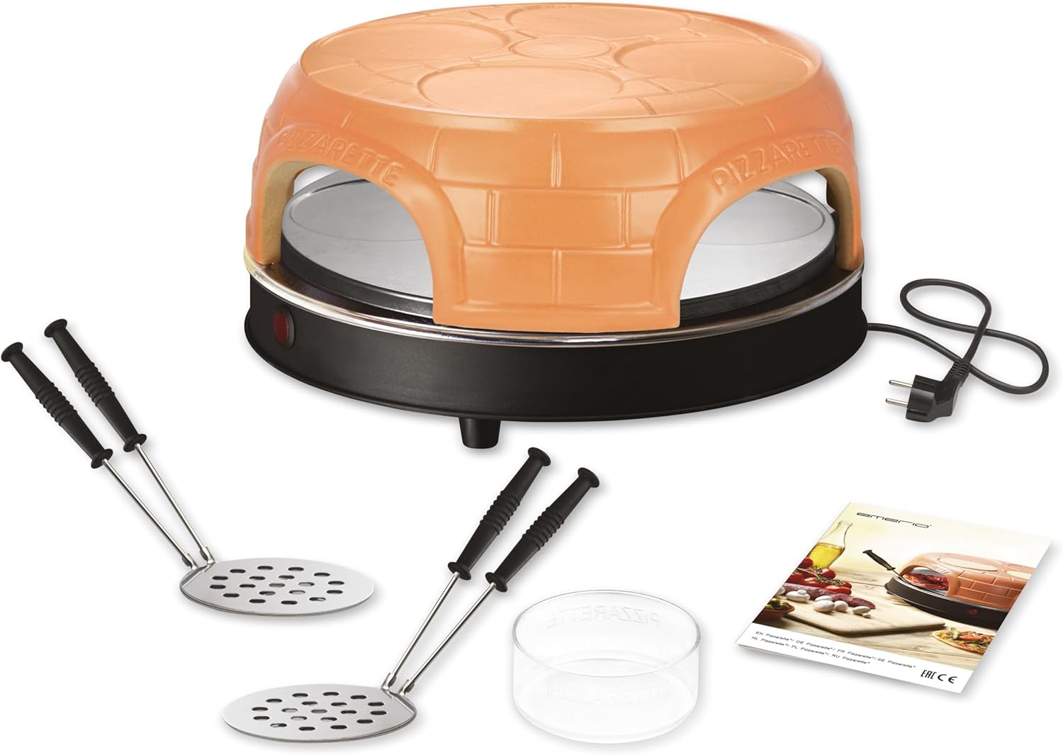 Emerio Pizza Oven, Pizzarette the Original, Handmade Terracotta Clay Cover, Patented Design, for Mini Pizza, Real Family Fun