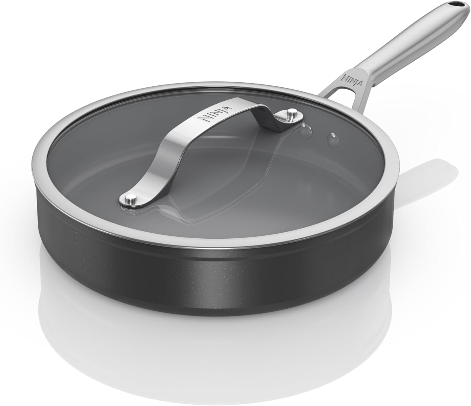 Ninja ZEROSTICK Ceramic Pro 26 cm Sauté Pan with Glass Lid, Scratch-Resistant, PTFE Free, All Hob Types Compatible, Black, CW30126UK