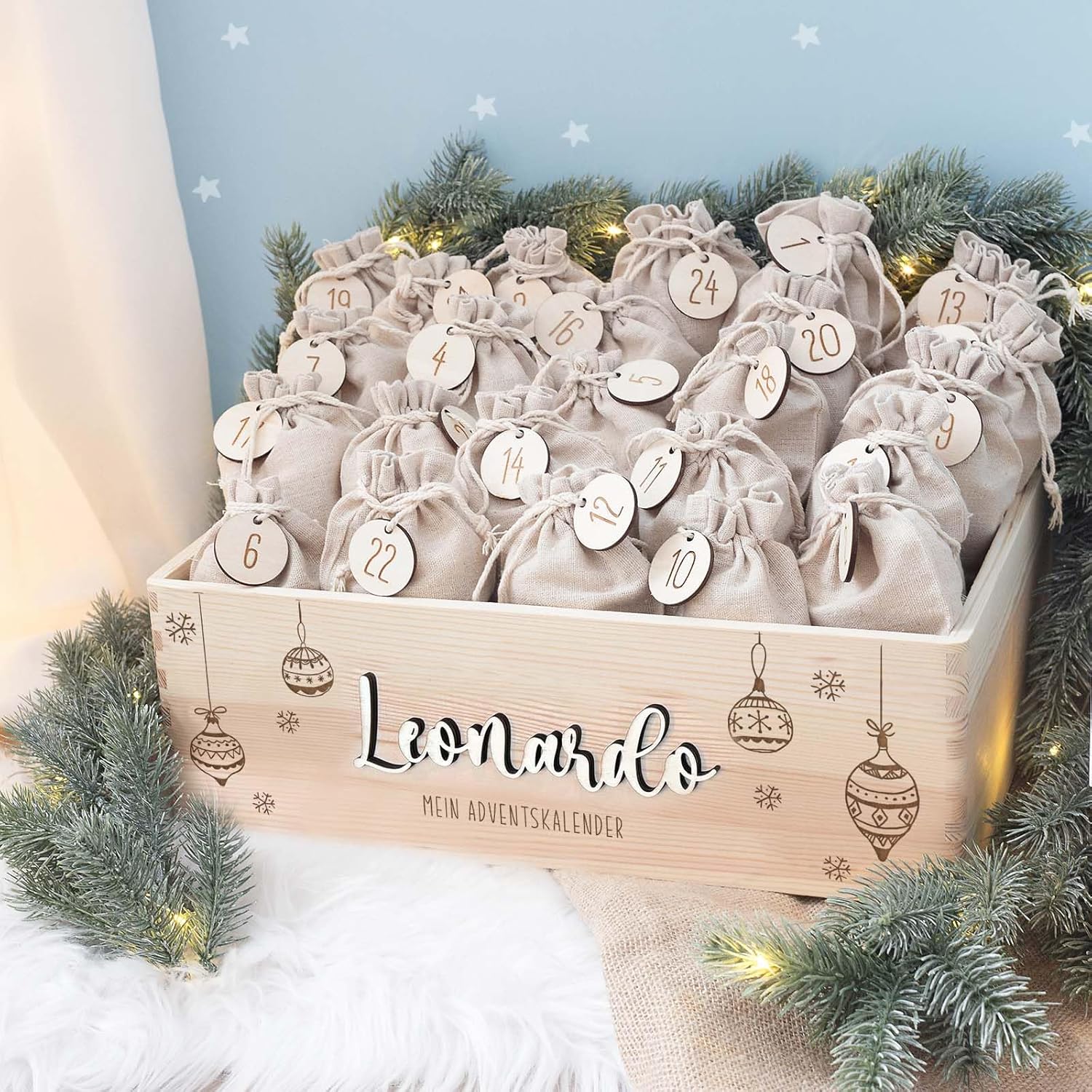 Personalized Advent Box - Wooden Advent Calendar with Name - Engraving Calendar DIY - Christmas Calendar for Children - Hello Mini (Christmas Baubles 3D)