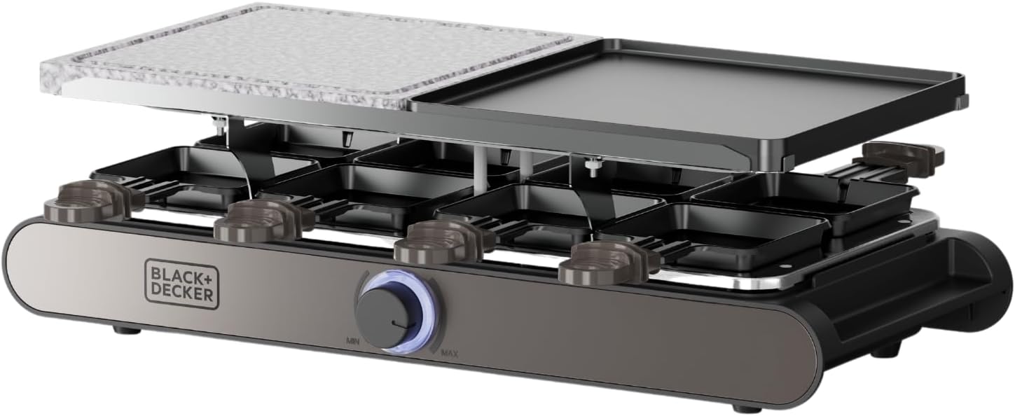 BLACK+DECKER Store Black+Decker Raclette, 8 People, Plates 21 x 21 cm, Adjustable Temperature, 1400 W, Reversible and Non-Stick Plate, Natural Stone, Accessories Included, PFOA-Free