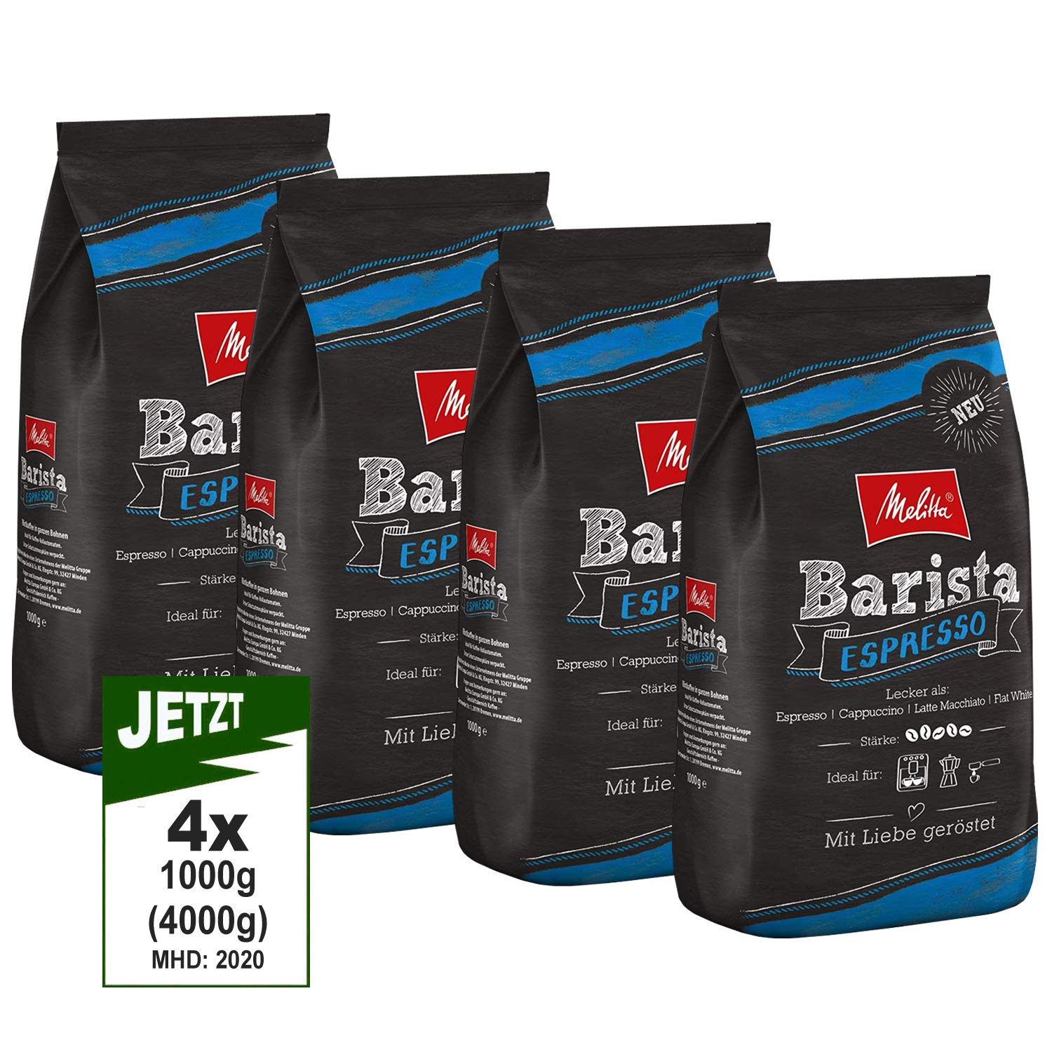 Melitta Barista Espresso, entire coffee beans 4x 1000g (4000g) - powerful and spicy espresso coffee