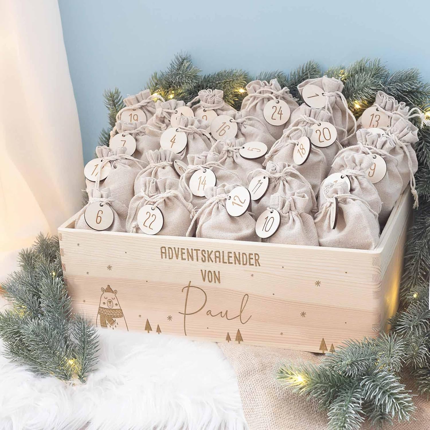 Personalized Advent Box - Wooden Advent Calendar with Name - Engraving Calendar DIY - Christmas Calendar for Children - Hello Mini (Bear)