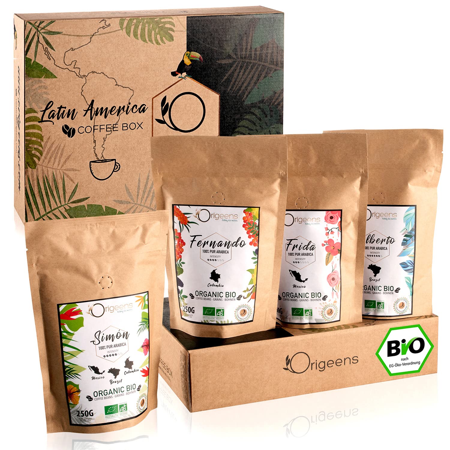 ORIGEENS Organic Coffee Beans Tasting Set 1 kg Premium Organic Arabica Coffee Whole Beans Set 4 x 250 g Traditional Roasting Coffee Gift Set