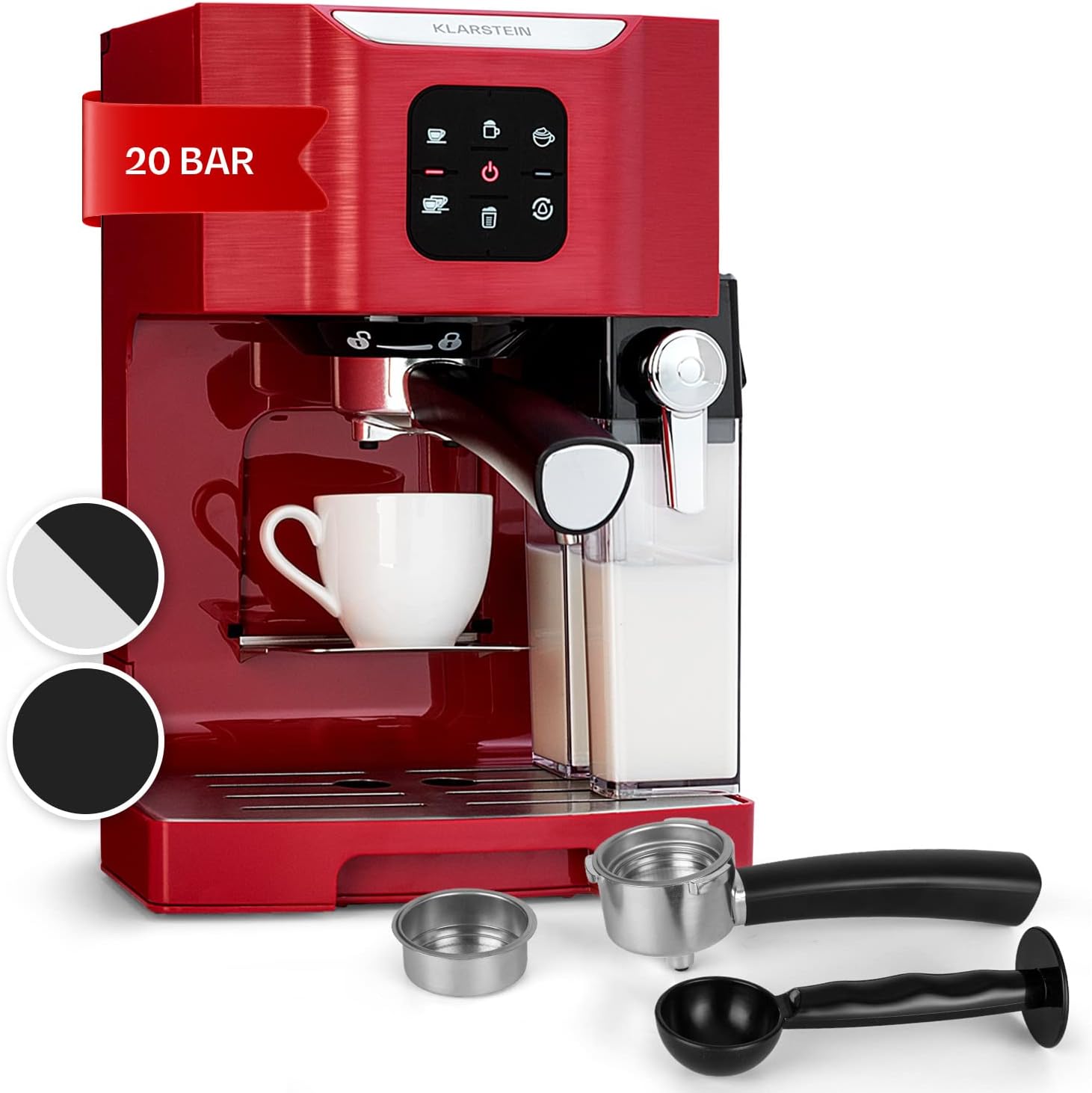 Klarstein 1.4 L Portafilter Machine for 2 Cups of Coffee, Mini Espresso Machine with Milk Frother, 20 Bar Portafilter Coffee Machine, Small, Good Espresso Coffee Machine, Stainless Steel Espresso Machines, 1450 W