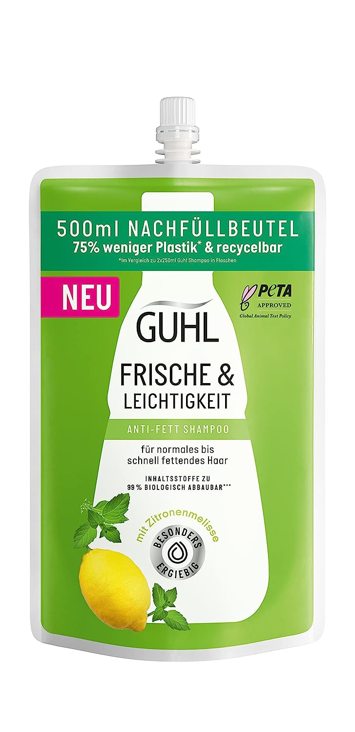 Guhl Fresh & Lightness Refill BAG 500 ML - Shampoo - Anti -Grease - Hair Type: Greasy, Normal - Sufficient for Refilling 2 Guhl Bottles, ‎green
