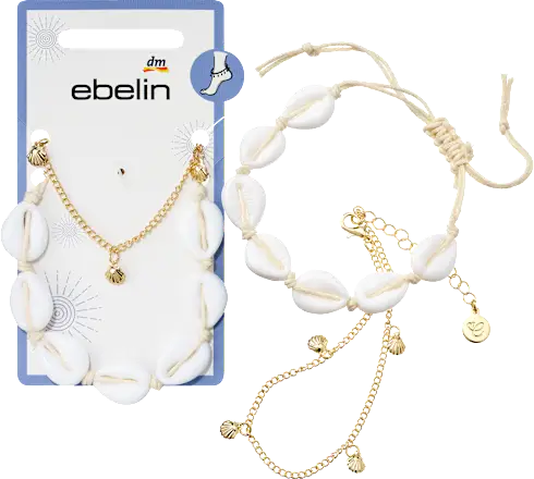 ebelin Anklets with shells, gold look, 2 pieces