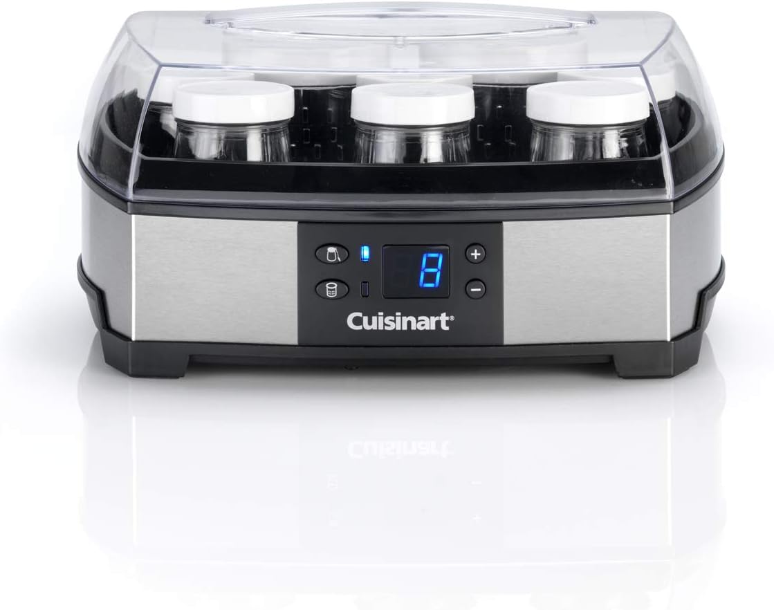 Cuisinart YM400E 2 in 1 Yoghurt and Cream Cheese Maker with 2 Temperature Levels, Includes 6 Glass Jars for Yoghurt and 2 Plastic Cups with Strainer for Cream Cheese and Ricotta, Stainless Steel