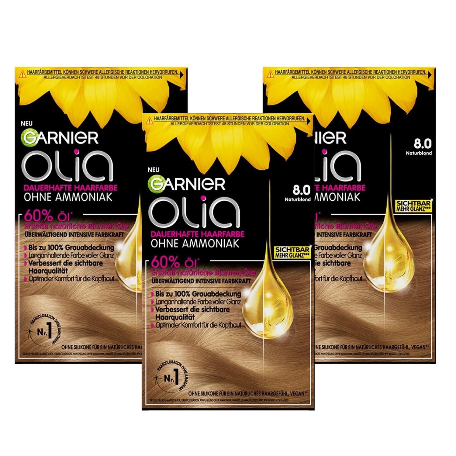 Garnier Olia Permanent Hair Color without Ammonia, with Nourishing and Natural Oils, Full Gray Hair Coverage, No. 8.0 Natural Blonde, 3 x packs