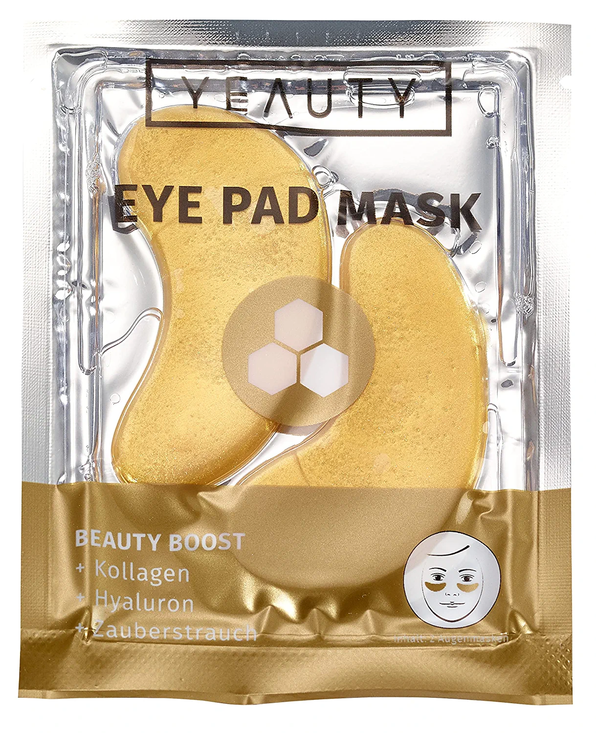 25 x 2 Yeauty Boost Eye Pad Mask, the super soft eye pads with the luxurious Elixir made of gold, ceramide, hyaluronic and magic shrub, provides and smooths the eye area, ‎gold