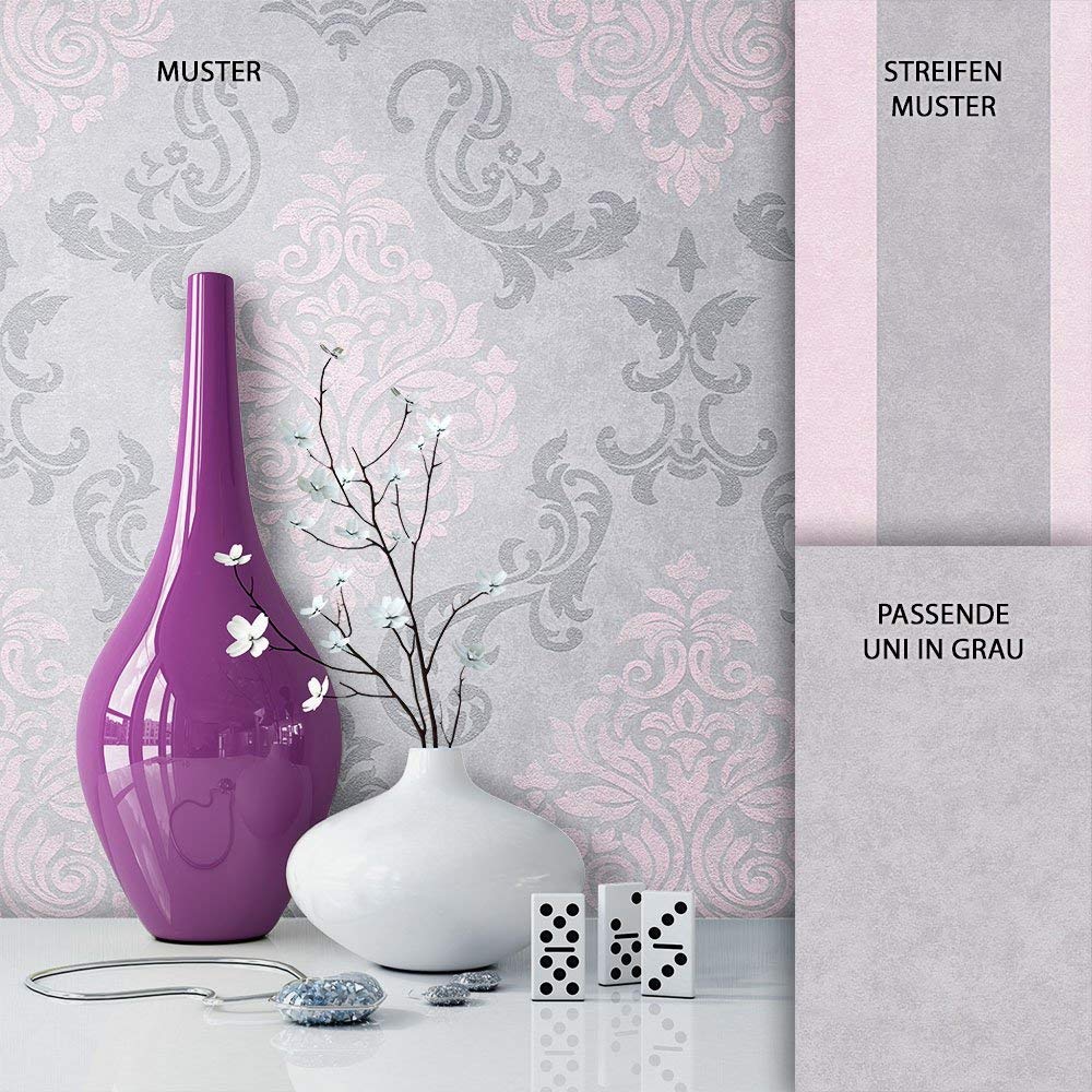 Newroom Design Newroom Baroque Wallpaper Grey Non-Woven Pink Country House Natural Beautif