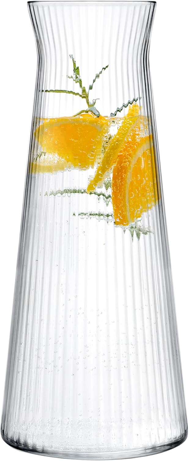 CONCEPT Durable Ribbed Glass Water Carafe - 1 Liter Dishwasher Safe BPA Free Stylish & Sturdy