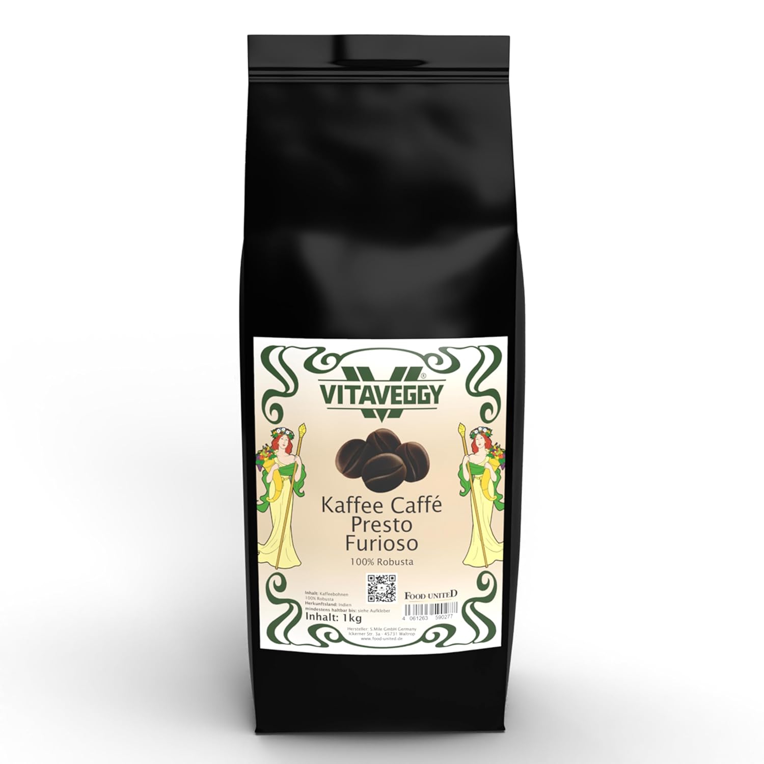 VITAVEGGY 100% Robust Coffee Beans 2 x 1 kg | Presto Furioso | Intensely Roasted in Germany | Lots of Caffeine | Roasted Coffee Beans from Kerala India | by Food United | for Strong Espresso (2)