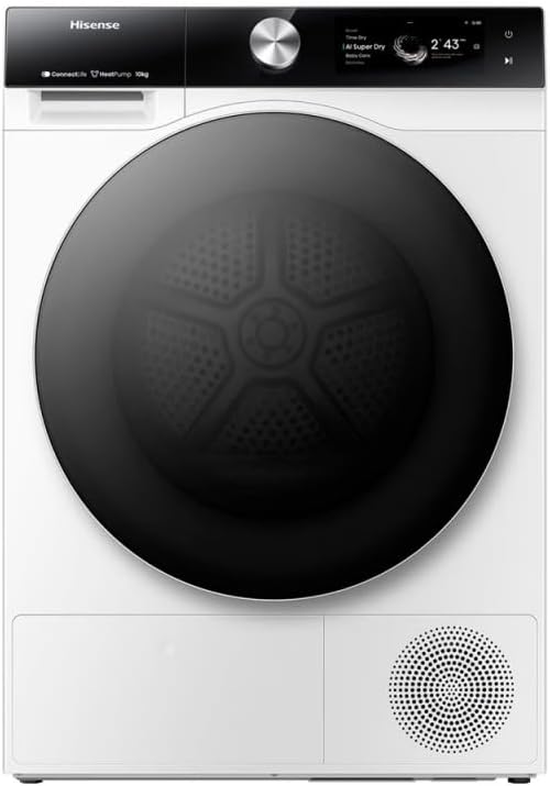 Hisense DH7S107BW Dryer Heat Pump with AI, Self-Cleaning Condenser, Steam Fresh, Ion Tech, 10 kg Class C, Color TFT Display, Smart and Connect Life, Double Door