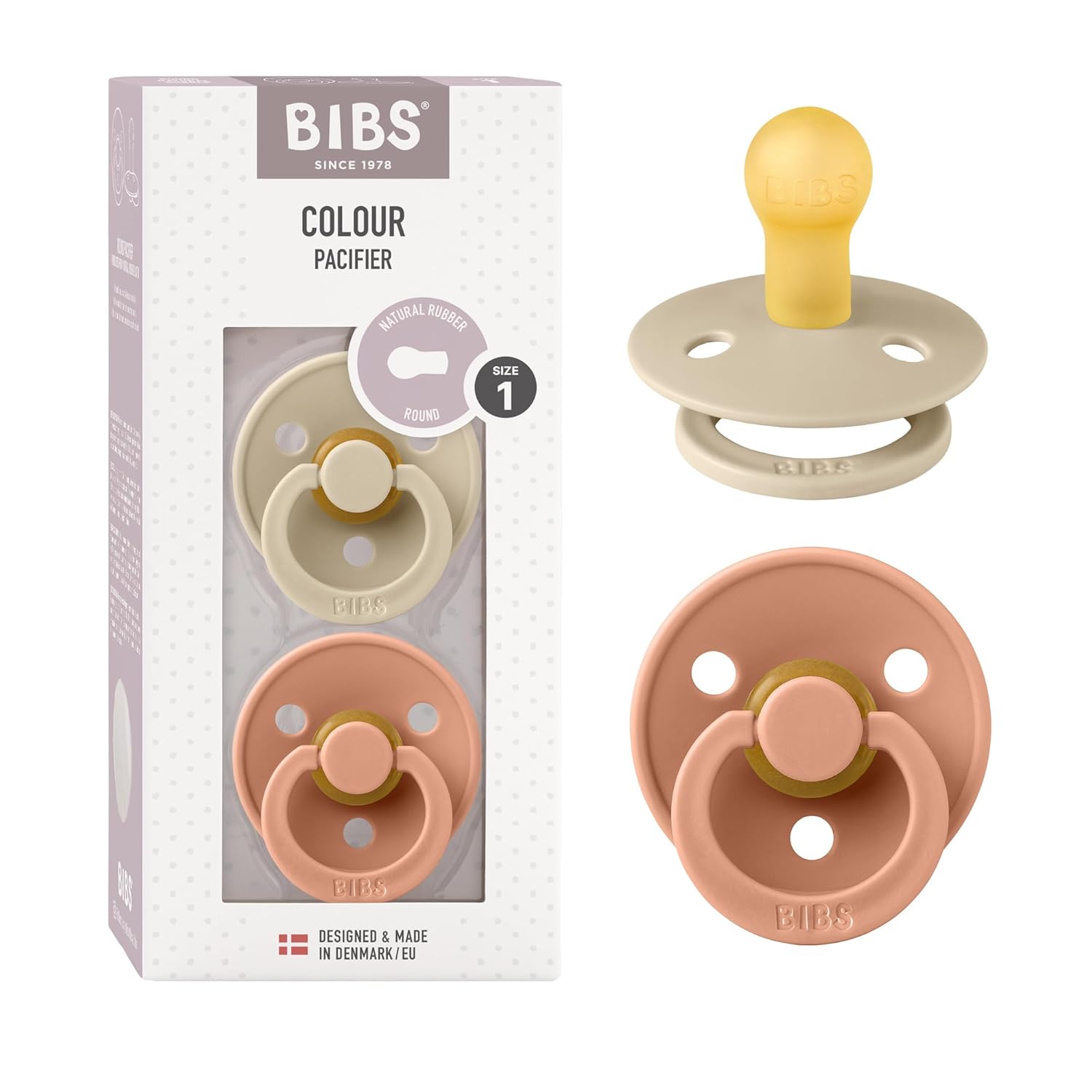 Bibs Dummies, 2-Pack of Colorful Dummies, Natural Rubber Danish Dummies in a Cherry Shape