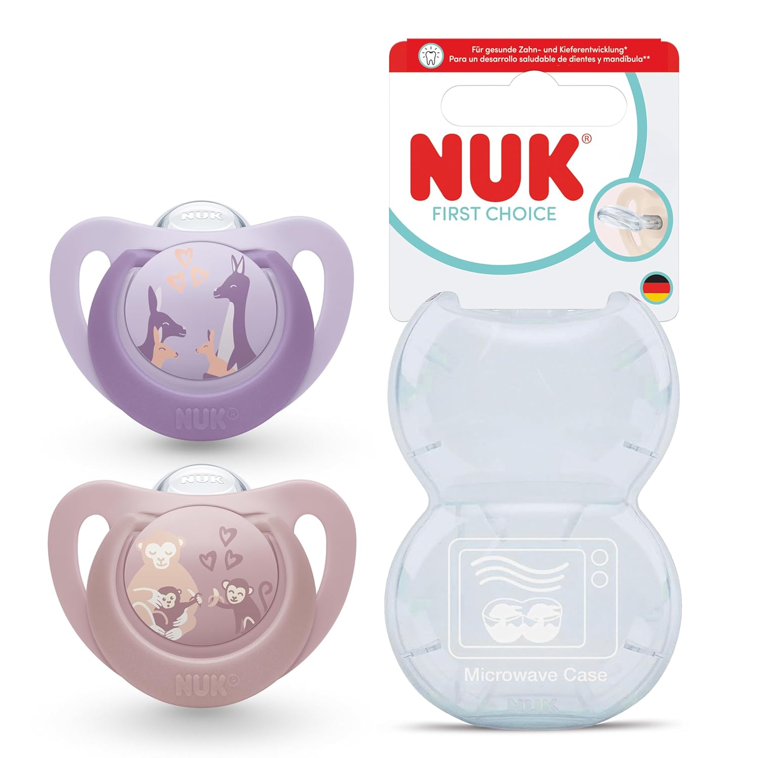 NUK First Choice Baby Dummy | 18-36 Months | Orthodontic dummy | Soothes 99% of Babies** | Monkey / Kangaroo | Pack of 2