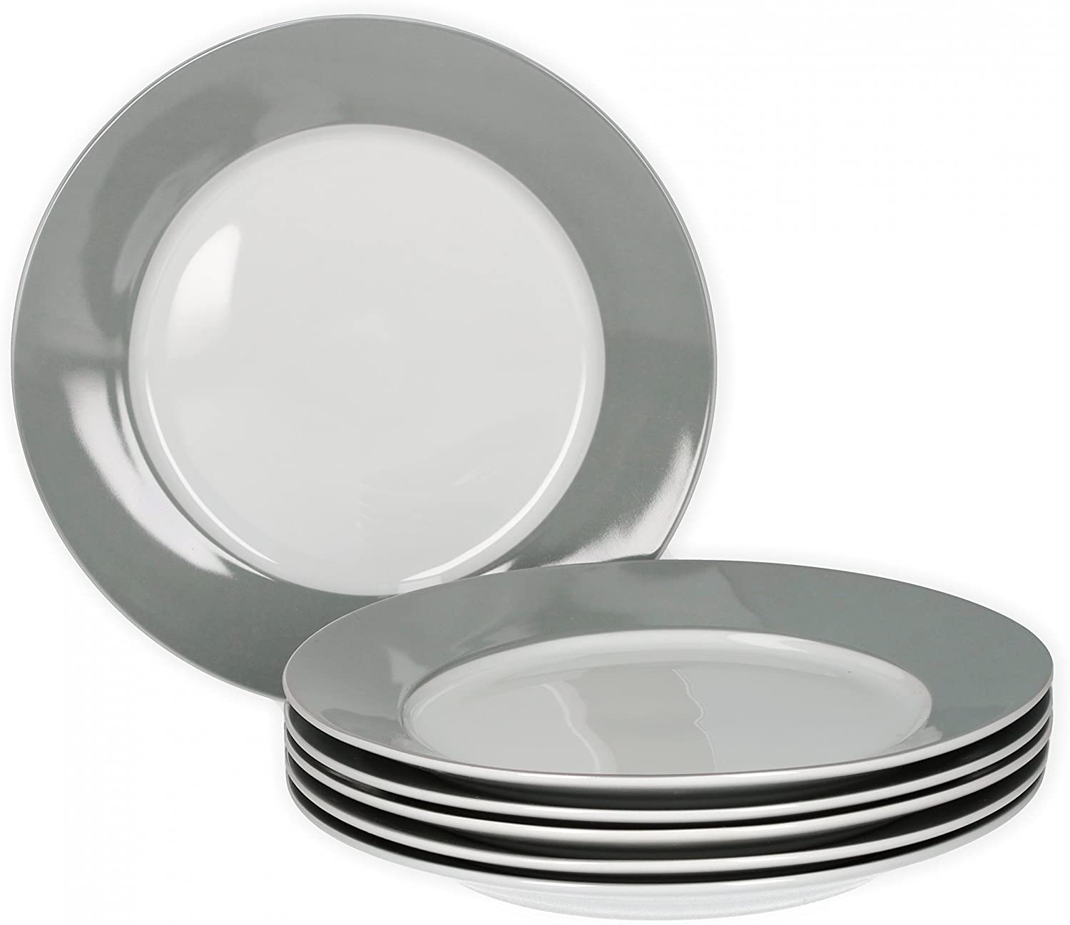 Van Well Vario Breakfast Plate Set 6 Pieces I Plate Service for 6 People I Cake Plate with Diameter 20 cm I Porcelain Set White with Grey Rim I Dessert Plate Set Microwave Safe