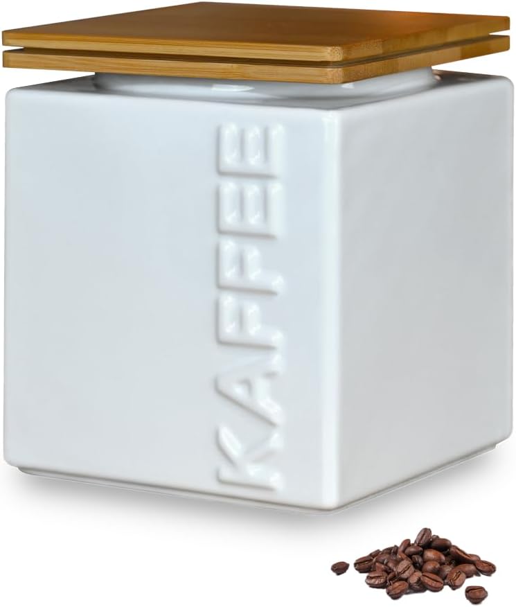 HWG-Home® - Design Coffee Canister Airtight 500 g - for Fresh Aroma - White - Ceramic Coffee Container Square Space-Saving Stackable - for Ground Coffee and Beans with Bamboo Lid