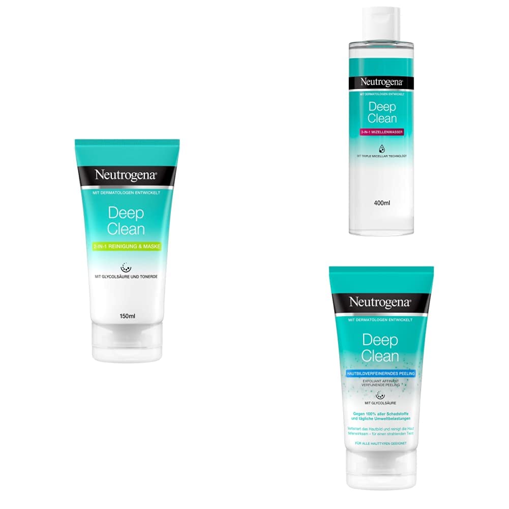 Neutrogena Deep Clean Facial Cleansing Kit 2-in-1 Cleansing and Mask with Clay 150ml + Deep Clean 3-in-1 Micellar Water, Makeup Remover 400ml + Deep Clean Scrub with Glycolic Acid 150ml