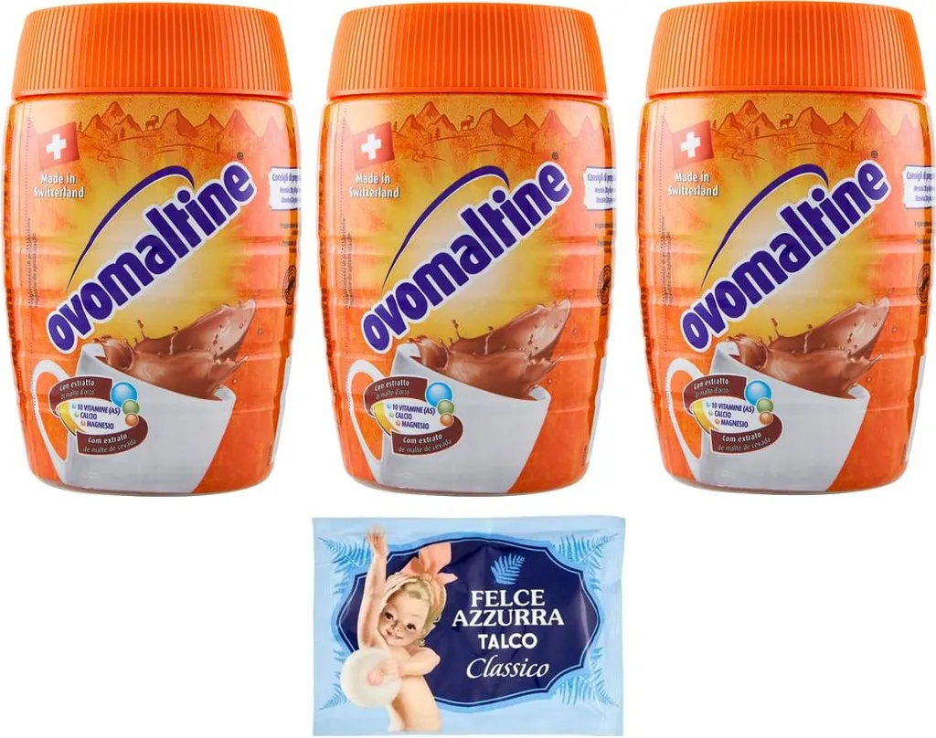 3-pack Ovomaltine malt-based drink powder, cocoa flavor, 400g + 1-pack Felce Azzurra talcum powder, 100g sachet