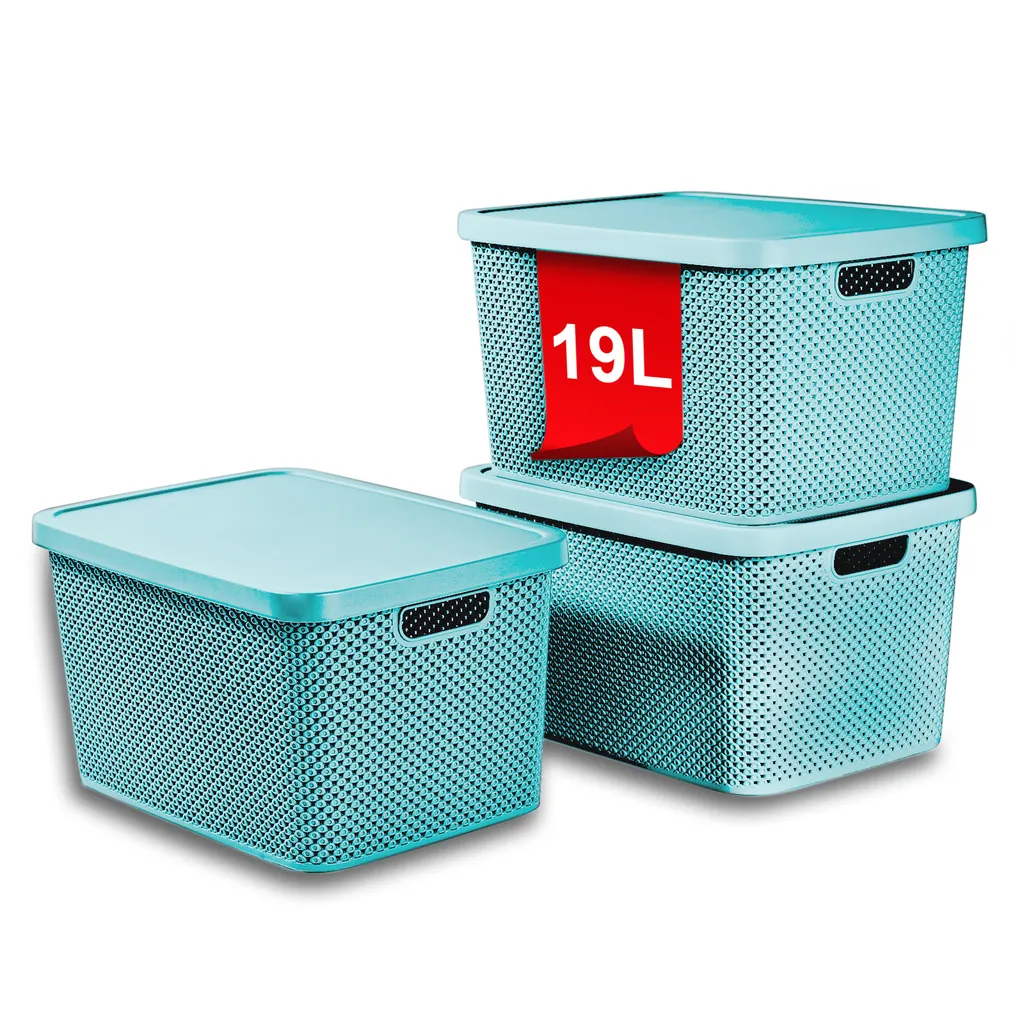 astor24 Set of 3, 19 L, Aquamarine Storage Boxes with Lids, Baskets, Organizers