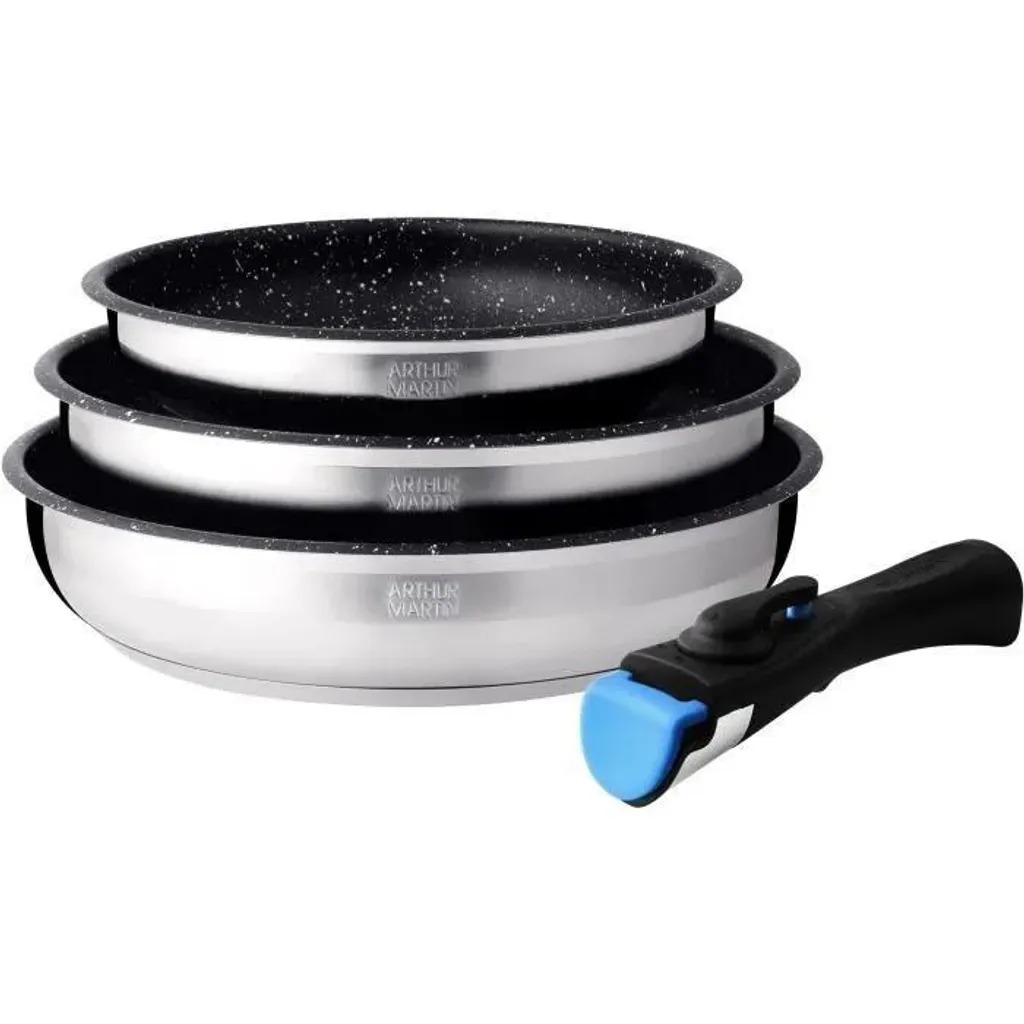 3-piece frying pan set – Arthur Martin – AM2196 – 20–24–26 cm – stainless steel – removable handle – suitable for all hob types, including induction