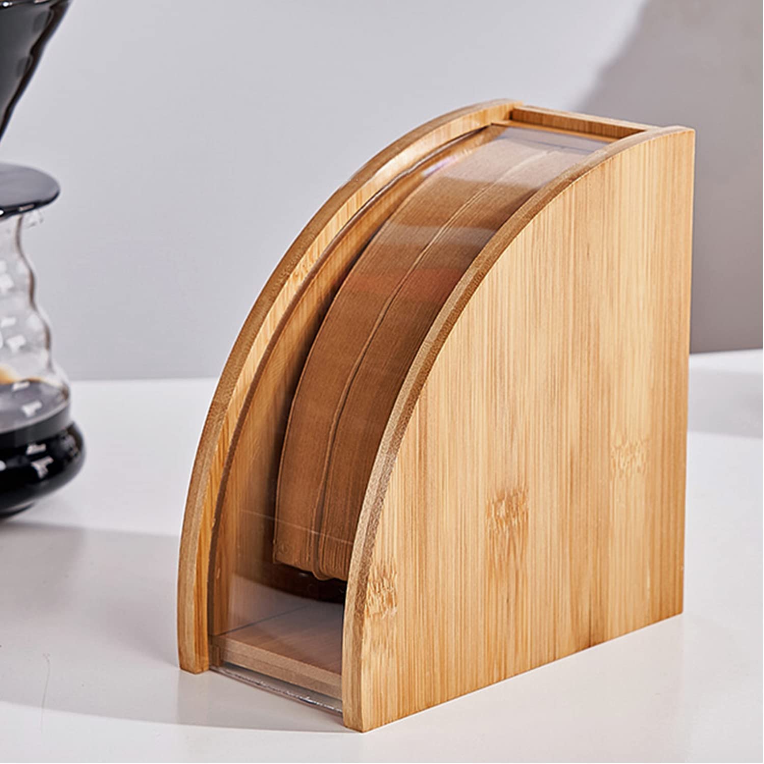 Njord Kalastus Kaffeefilter Aufbewahrung Holz mit Staubschutz - Holz Aufbewahrung Kaffeefilter Größe 4 Filtertütenhalter Größe 4 Kaffefilter Behälter mit Plaxiglas Verdeck - Kaffeefilterhalter Bambus