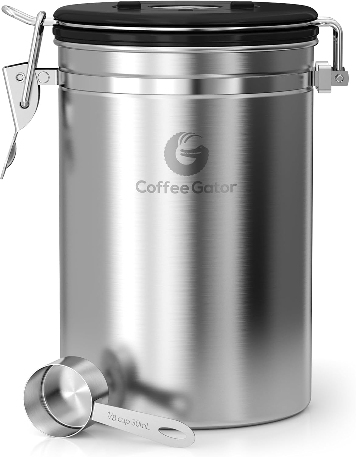 Coffee Gator Stainless Steel Coffee Canister - Keeps Ground Coffee and Beans Fresh Longer - Container with Date Tracking, CO2 Release Valve and Measuring Spoons (Large, Grey), Stainless steel