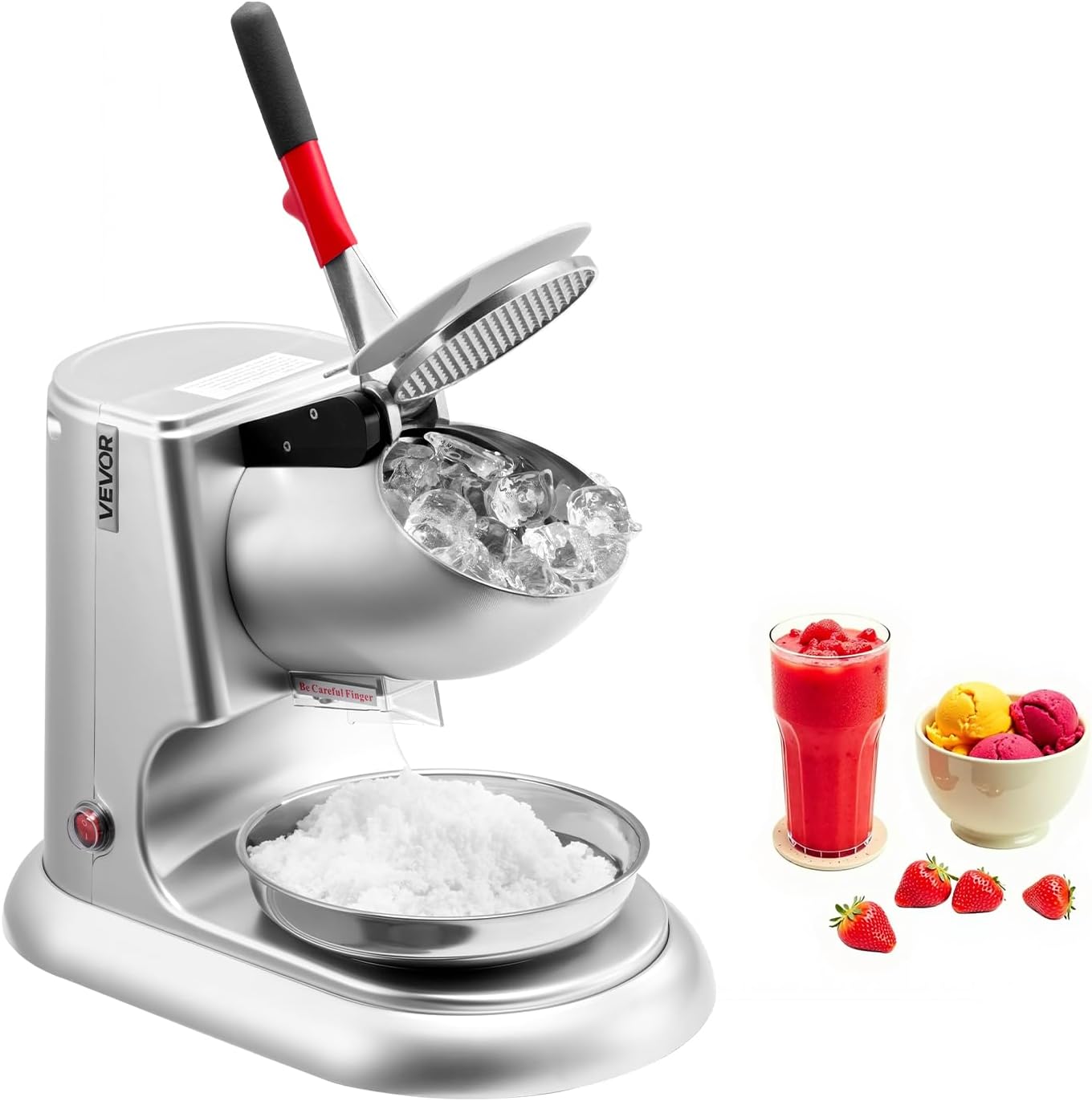 VEVOR Commercial Ice Crusher 100kg/Hour Electric Snow Cone Maker with 4 Blades, Stainless Steel Ice Crusher with Bowl & Cover 300W 2000rpm, Ice Shaver Silver