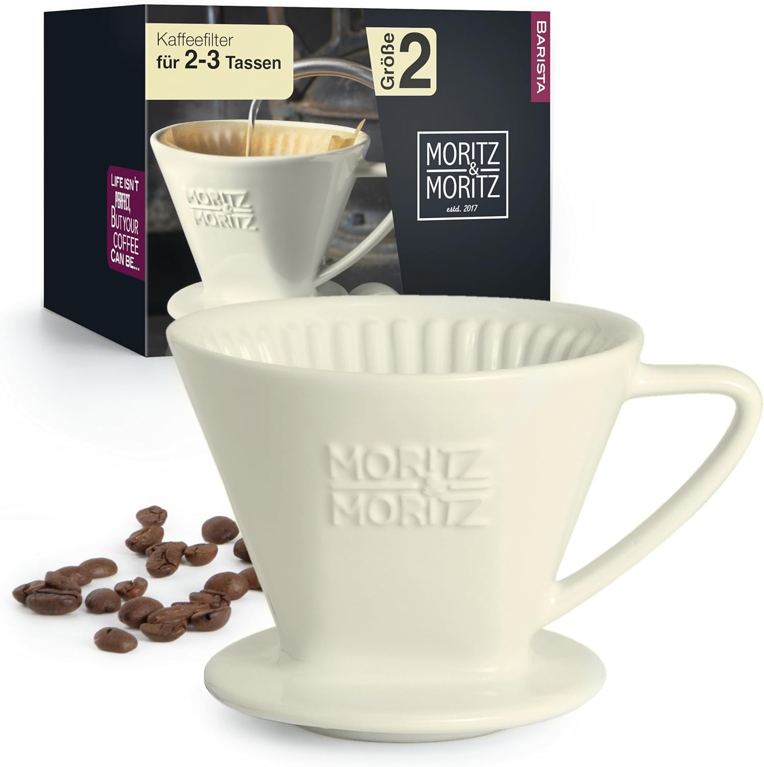 Moritz & Moritz Caffé Italia Permanent Coffee Filter - Excellent Flavored Coffee Flavor - Hand Filter Ceramic Coffee Filter Attachment - Size 2 for 2-3 Cups - White - Premium Quality