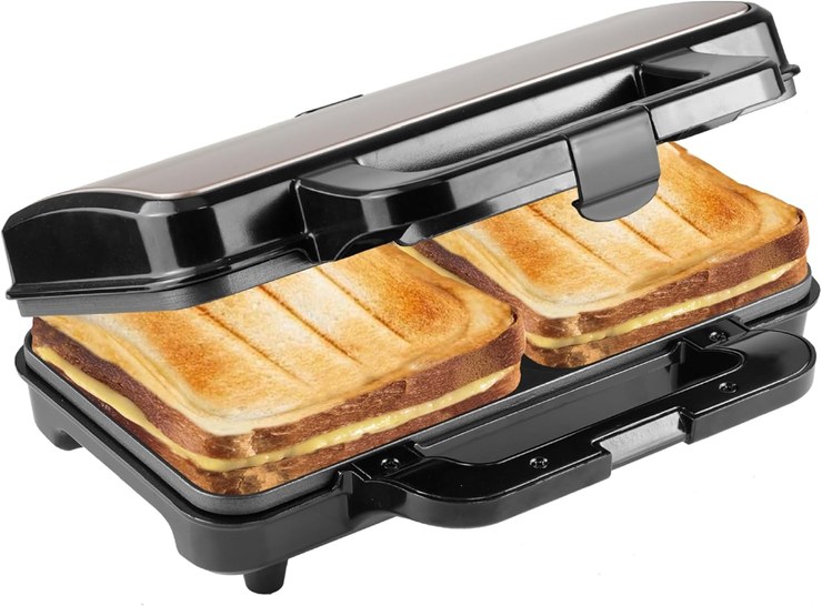 Bestron XL Sandwich Maker, Non-Stick Sandwich Toaster for 2 Sandwiches, Includes Automatic Temperature Control & Readiness Indicator, 900 Watt, Colour: Light Beige/Satin