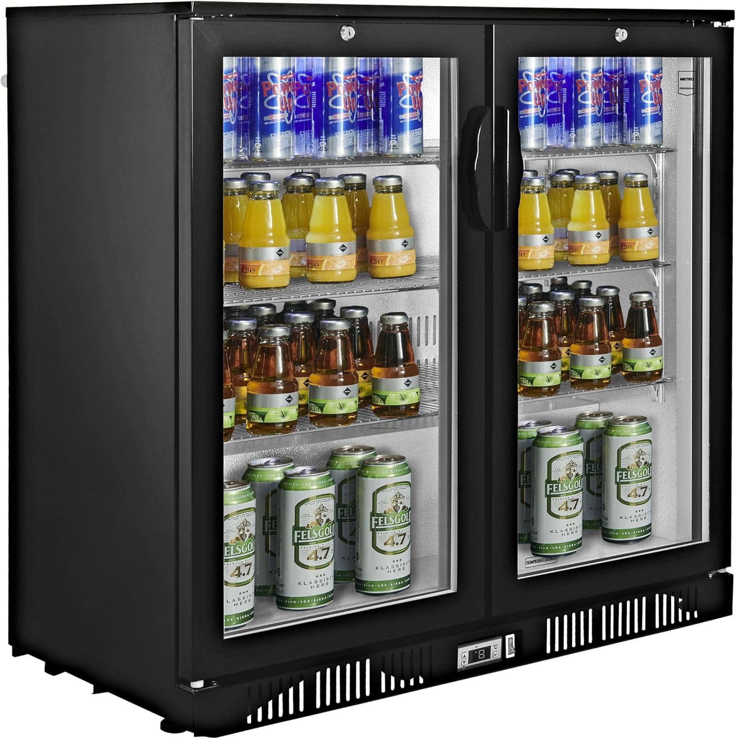 METRO Professional GBC1002 Drinks Cooler with 2 Glass Doors, Bottle Fridge with 6 Shelves, Energy Class D, 160 W, Temperature Range: 0 to +10 °C, 200 L, Black