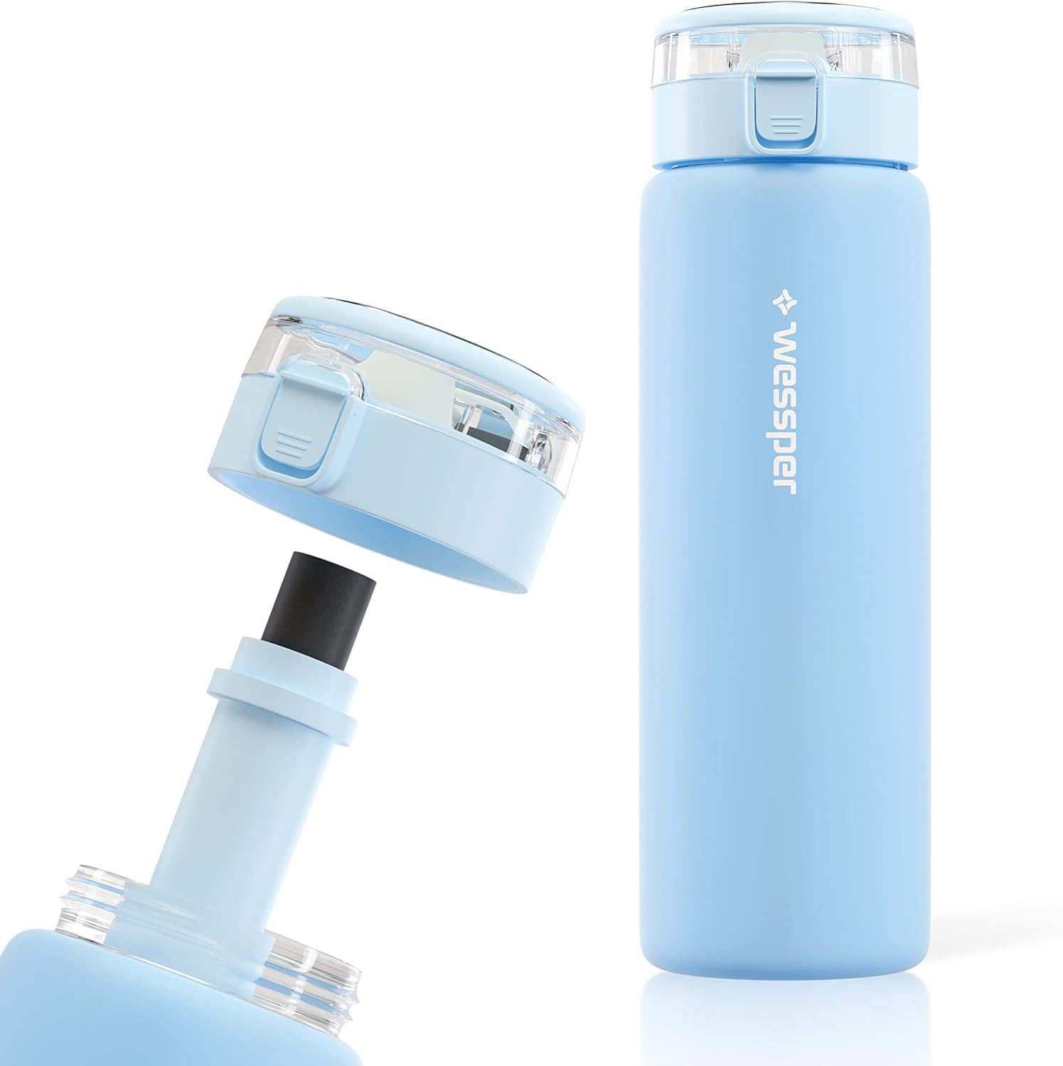 WESSPER Glass Water Bottle 680 ml with Water Filter, BPA-Free, Leak-Proof Glass Bottle with Activated Carbon Filter, Water Bottle with Screw Cap for Gym, Fitness, School, Office - Blue