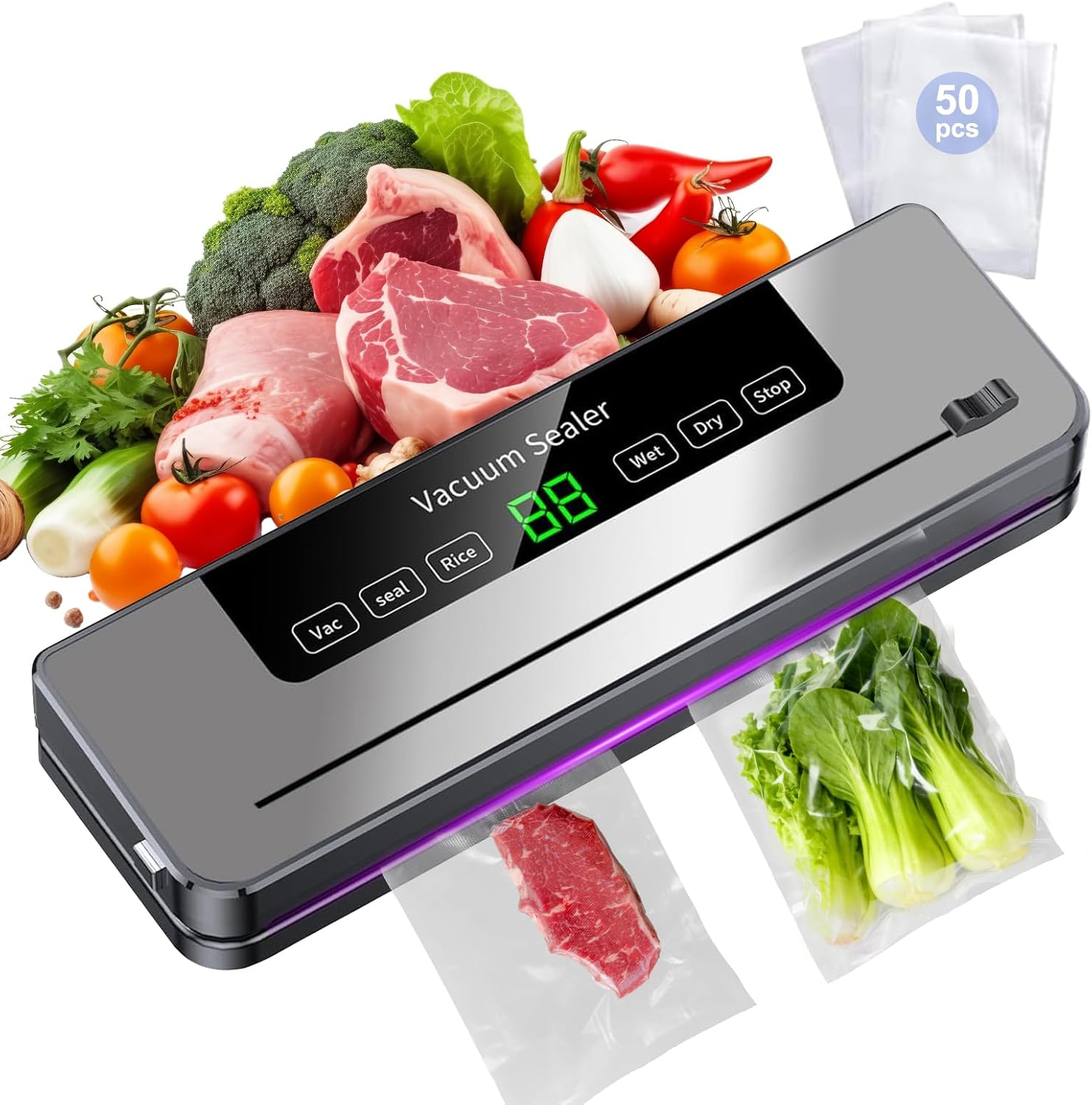 Vacuum Sealer 5 in 1 with 50 Vacuum Bags, Vacuum Sealer with Dry and Wet Sealing Mode for Storing Fruit, Vegetables, Bread, Meat, etc.