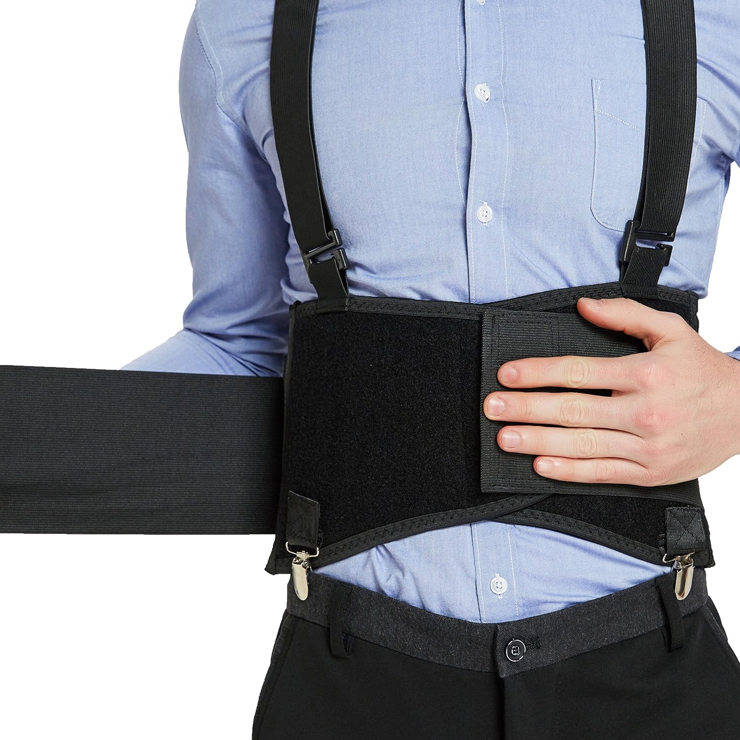 NEOtech Care Back Support Belt with Removable Straps and Trouser Clips - Adjustable, Lightweight, Breathable - Shoulder Straps - Work (Black, L)