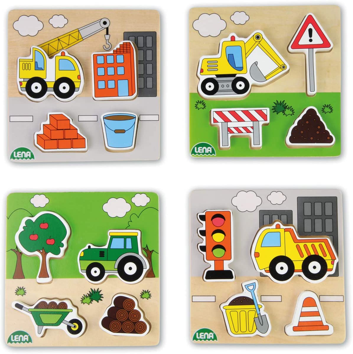 Lena 32160EC Wooden Puzzle Construction Sites Set of 4 Pack of 4 Different Wooden Puzzles 100% FSC Certified 4 Laying Puzzles Each with 4 Puzzle Pieces Tile Game for Toddlers from 18 Months Multicoloured