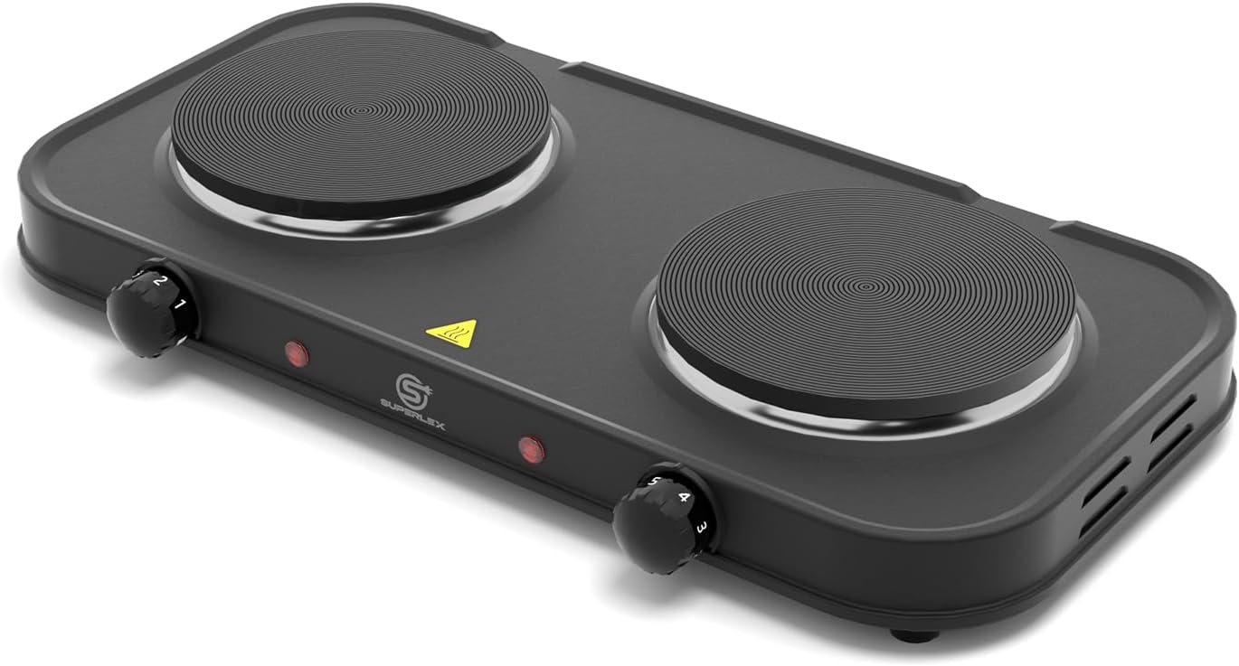 SUPERLEX Double Hot Plate, Electric 2000 W Hob, 2 Hobs with Thermostat and Overheating Protection, Compact Mobile Hob, Cast Iron Plate for Camping, Office, Home, All Cookware Types