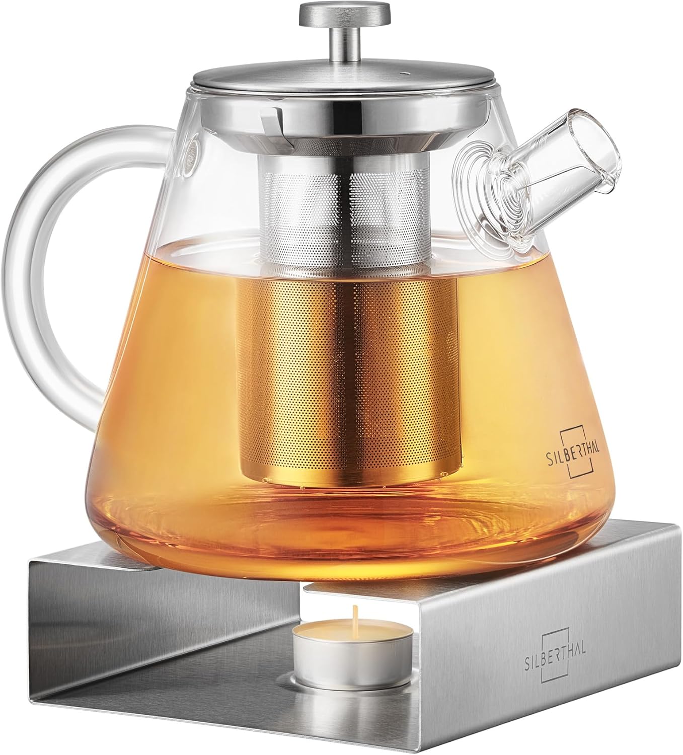 SILBERTHAL Teapot with Warmer Set Glass – With Strainer Insert – 1.5 Liters – For Keeping the Teapot Warm with Tea Light