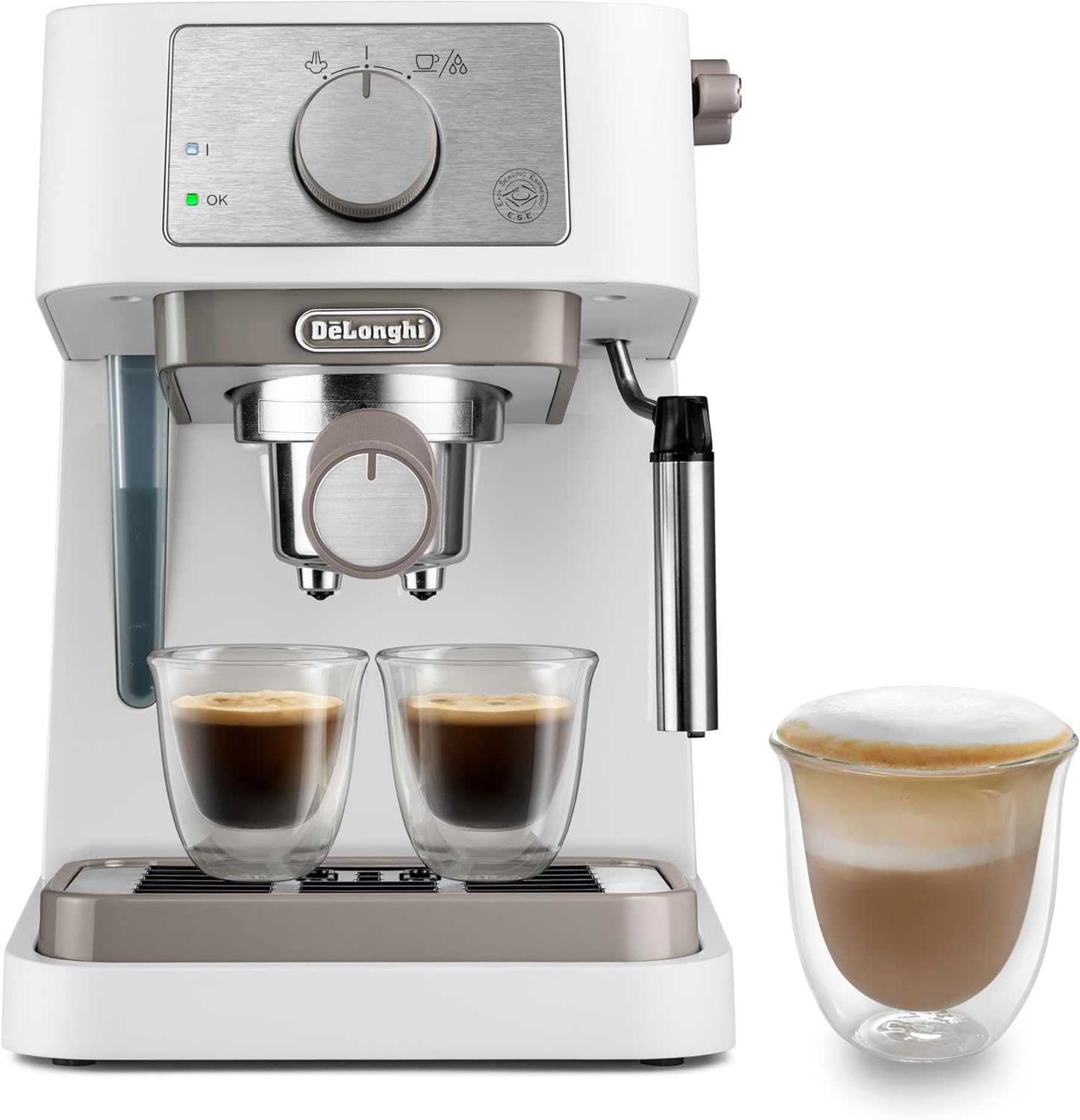 De\'Longhi Stilosa EC260.W Manual Coffee Machine, 15 Bar Pressure, Cappuccino System, Automatic Shut-Off, Compatible with ESE Pads, 2 Tier Containers, Capacity 1 L, White