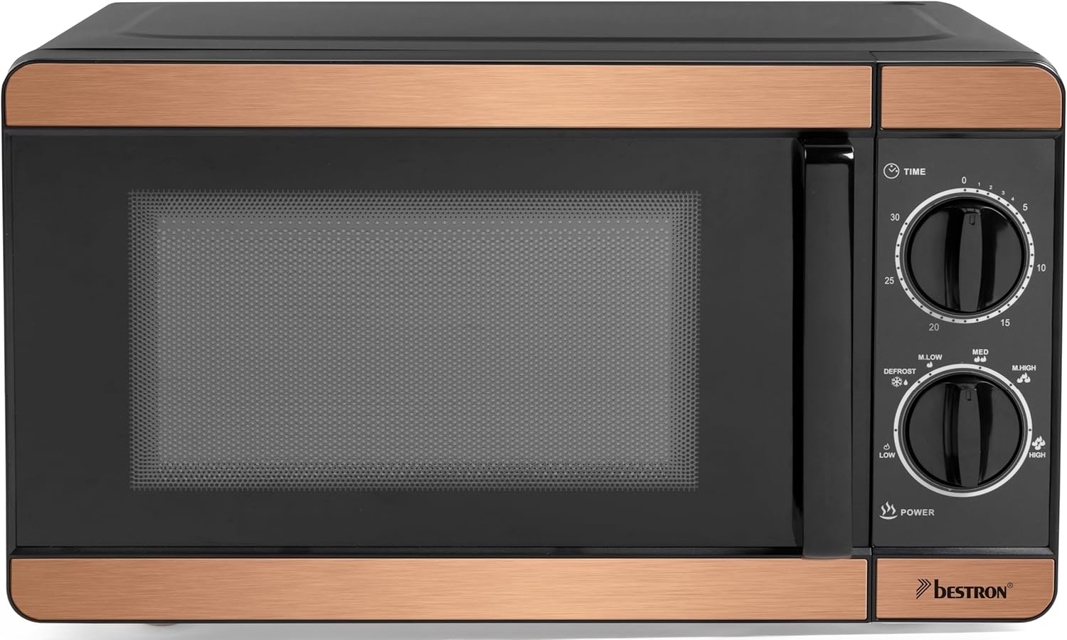 Bestron 700 Watt Microwave, Two-Piece Control Panel with 6 Power Levels and 30 Min. Timer, Infinitely Adjustable, with 24.5 cm Turntable for All Standard Sizes, Copper Collection, Colour: Copper