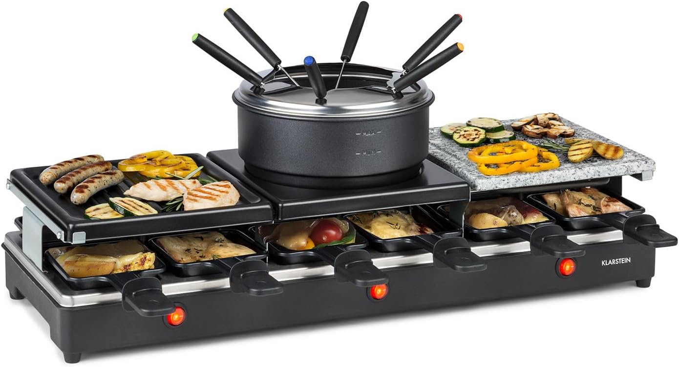 Klarstein Fonduelette XL - 3-in-1 Raclette Grill & Fondue, 1650 Watt, 3-in-1 Grill: Metal / Natural Stone / Crêpe Plate, 3 Separate Stainless Steel Heating Elements, Up to 12 People, Non-Stick Coating